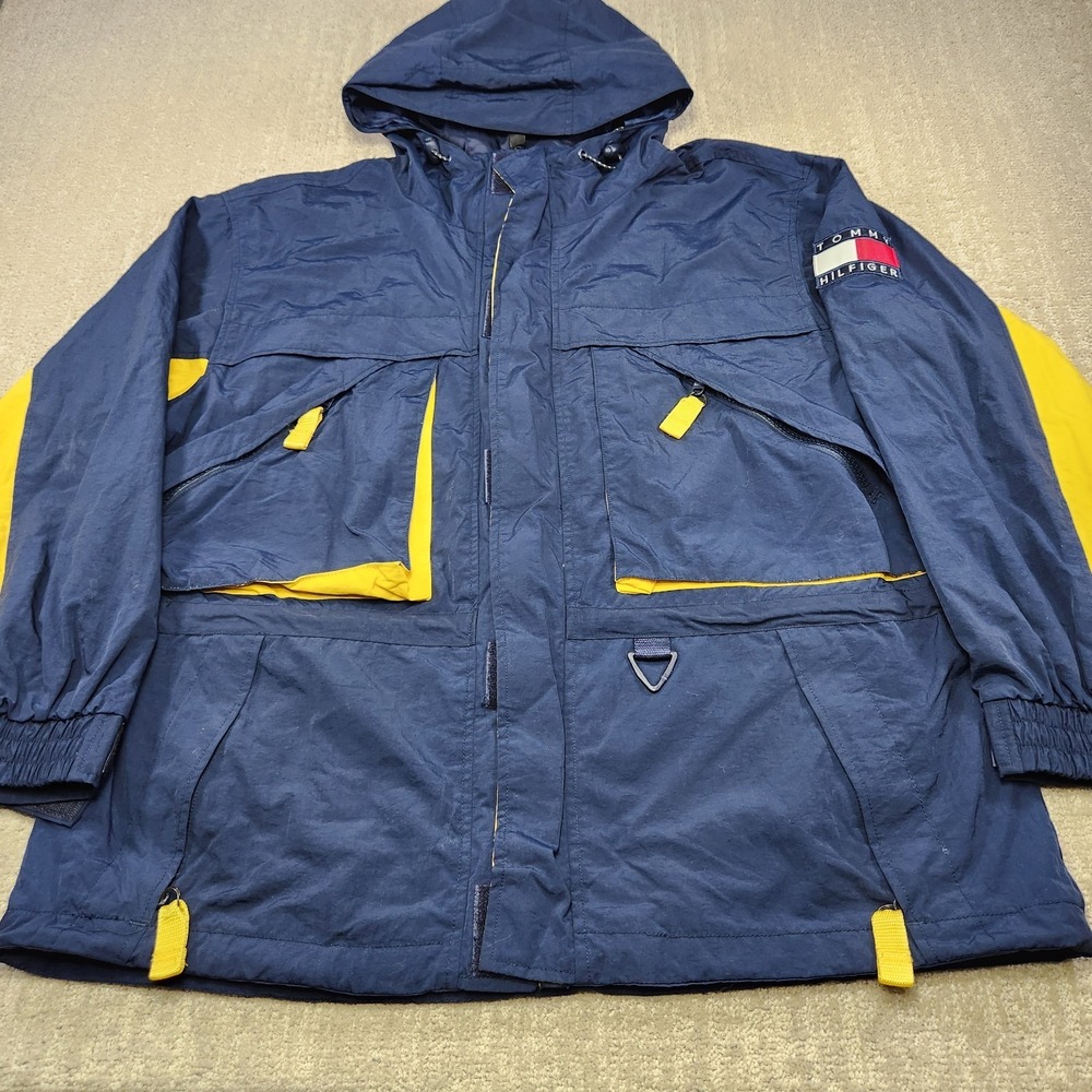 Vintage Tommy Hilfiger Jacket Men Medium Flag Logo Chore Parka Water Resistant